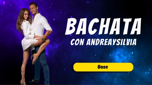 Un uomo e una donna in posa di danza su uno sfondo stellato viola e blu. Il testo recita Bachata con AndreaySilvia, con la freedance academy e un pulsante giallo sotto la scritta Base. Impara a ballare online!.