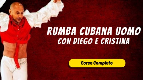 Uomo che balla in pantaloni bianchi e gilet rosso su uno sfondo rosso. Il testo recita: Rumba Cubana Uomo con Diego e Cristina. Scopri i corsi di danza online con Freedance Academy. Un pulsante giallo in basso dice Corso Completo.